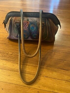Hand-Painted Peacock Feather Satchel in Brown